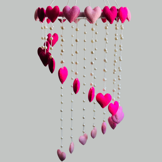 Handmade Pink Heart Mobile – Elegant Felt Hearts and Pearl-Adorned Hanging Decor