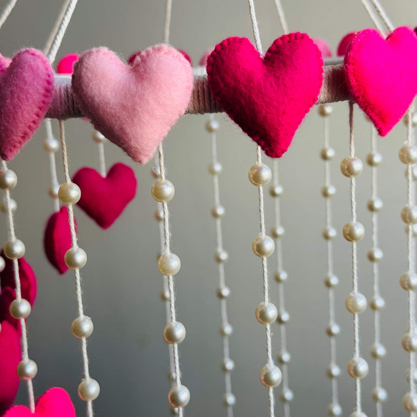 Handmade Pink Heart Mobile – Elegant Felt Hearts and Pearl-Adorned Hanging Decor