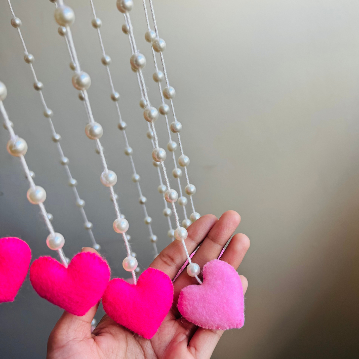 Handmade Pink Heart Mobile – Elegant Felt Hearts and Pearl-Adorned Hanging Decor