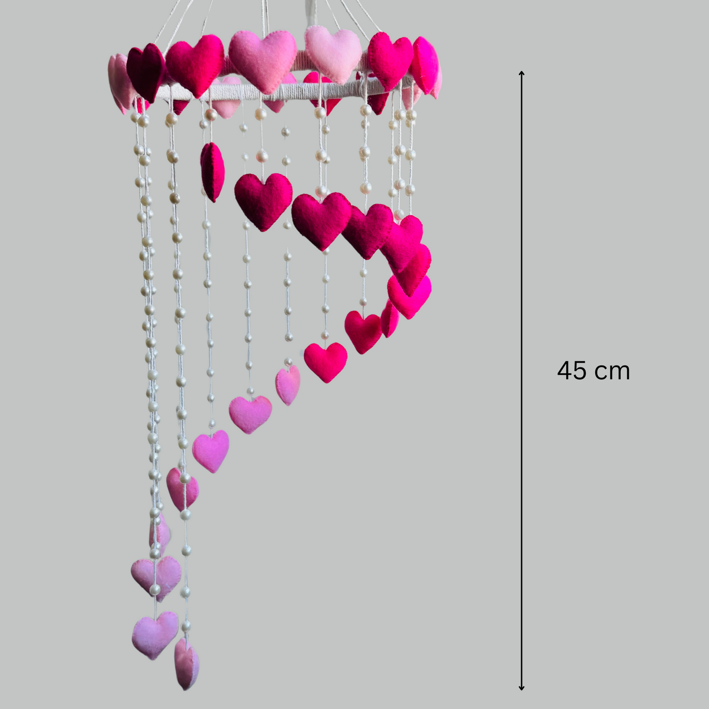 Handmade Pink Heart Mobile – Elegant Felt Hearts and Pearl-Adorned Hanging Decor