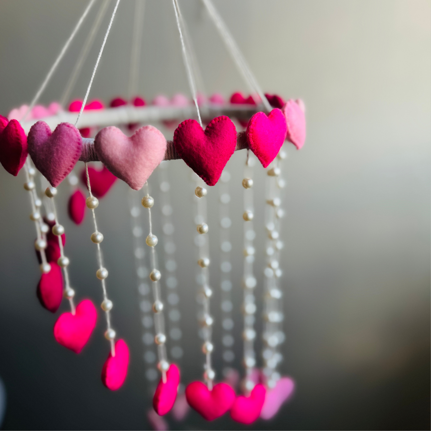 Handmade Pink Heart Mobile – Elegant Felt Hearts and Pearl-Adorned Hanging Decor