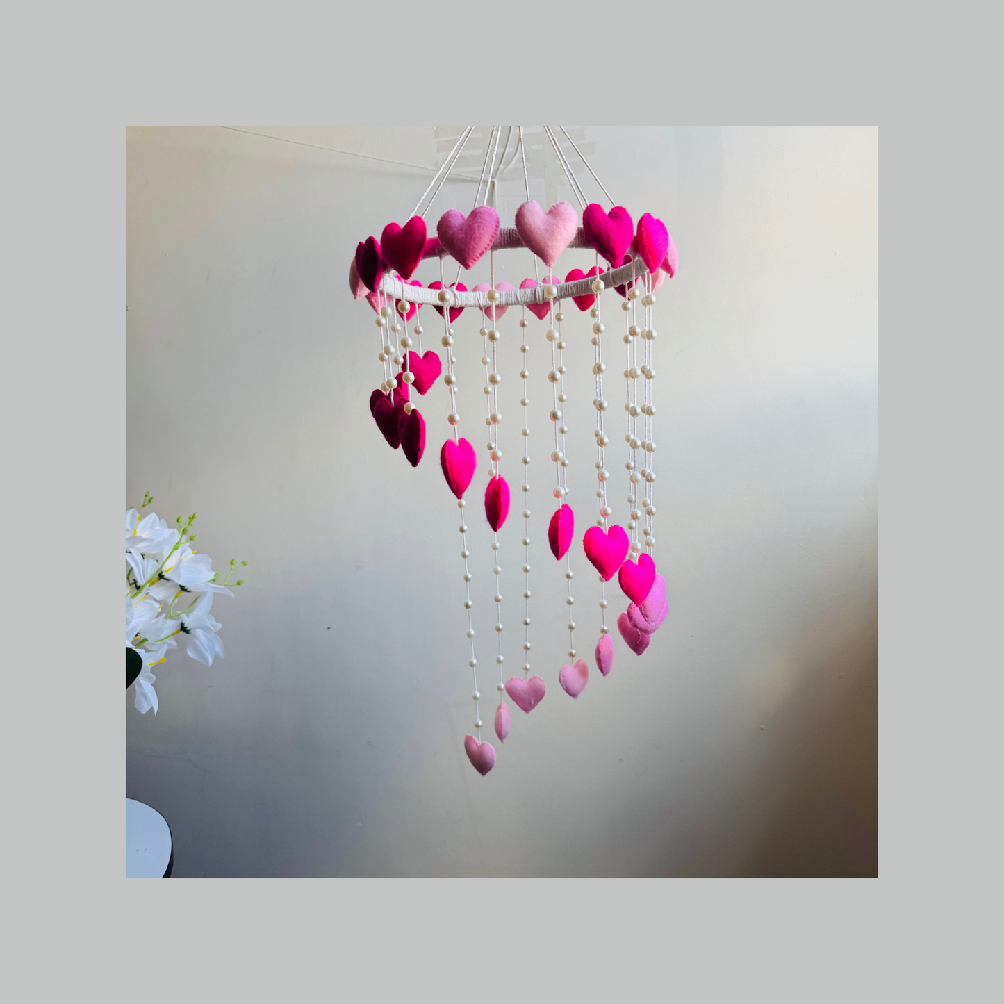 Handmade Pink Heart Mobile – Elegant Felt Hearts and Pearl-Adorned Hanging Decor